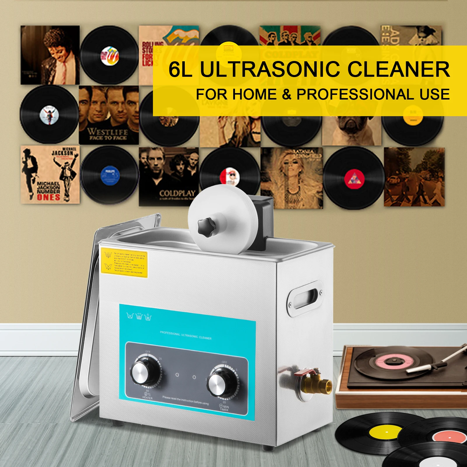Vinyl Record Cleaner - SIHAO 6L 超音波レコードクリーナー ノブ付き ポータブルミニ超音波洗浄機 コンタクトレンズ、歯科用器具、ジュエリー洗浄用