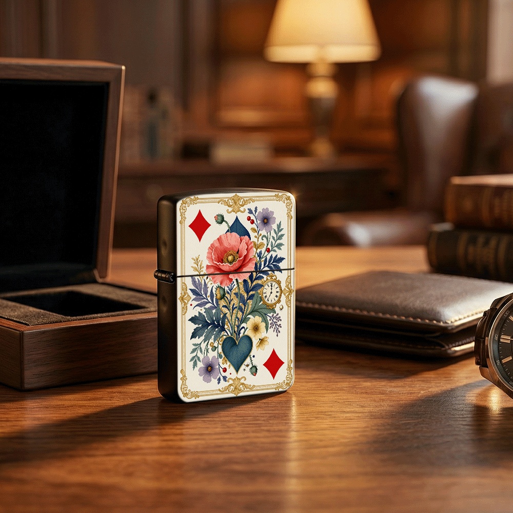 Vintage Collectible Playing Cards - ヴィンテージタロットカードスタイルのフリップトップライター、華やかな花柄のポピー懐中時計とトランプカードのアートプリント、コレクションや日常使いに最適