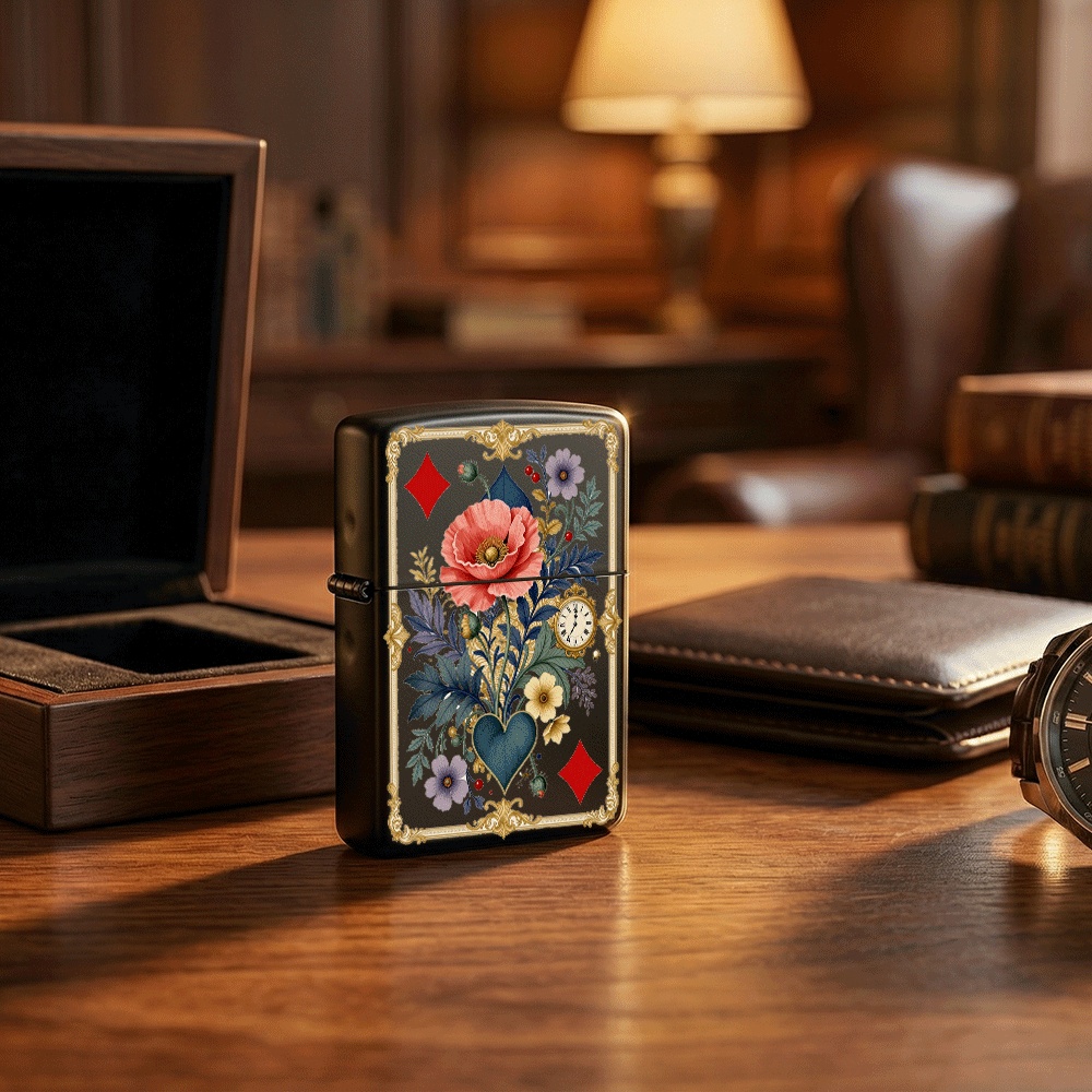 Vintage Collectible Playing Cards - ヴィンテージ調の装飾が施されたフリップトップライター、トランプ柄の花柄懐中時計アートプリント、コレクションや日常使いに。