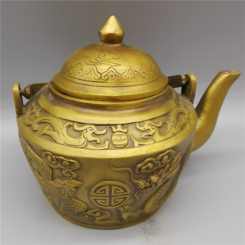 Vintage Collectible Market - アンティーク調手工芸品コレクション：ヴィンテージ真鍮龍鳳ティーポット、リビングルーム装飾、街頭市場供給品