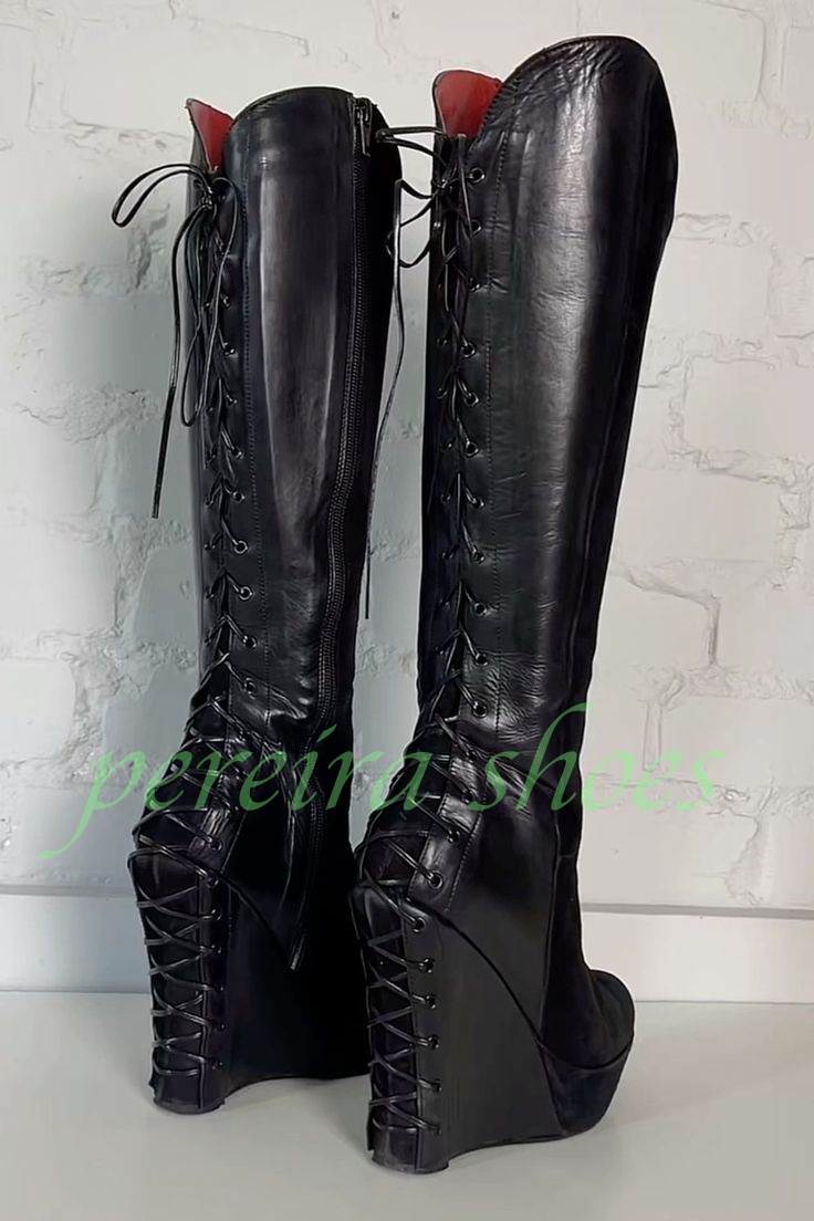Vintage Zipper - レディブラックプラットフォームウェッジヒールニーブーツヴィンテージスタイルブラックジッパーレースアップホローグラディエーター秋ランウェイパンクブーツサイズ34-46