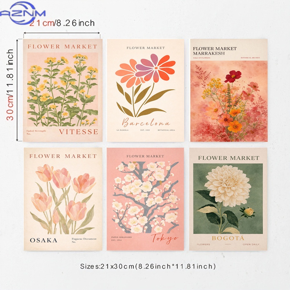 Vintage Collectible Market - 花屋のヴィンテージ風の花柄アートを描いたキャンバスプリント6枚セット。あなたのお部屋の壁の装飾に最適です。