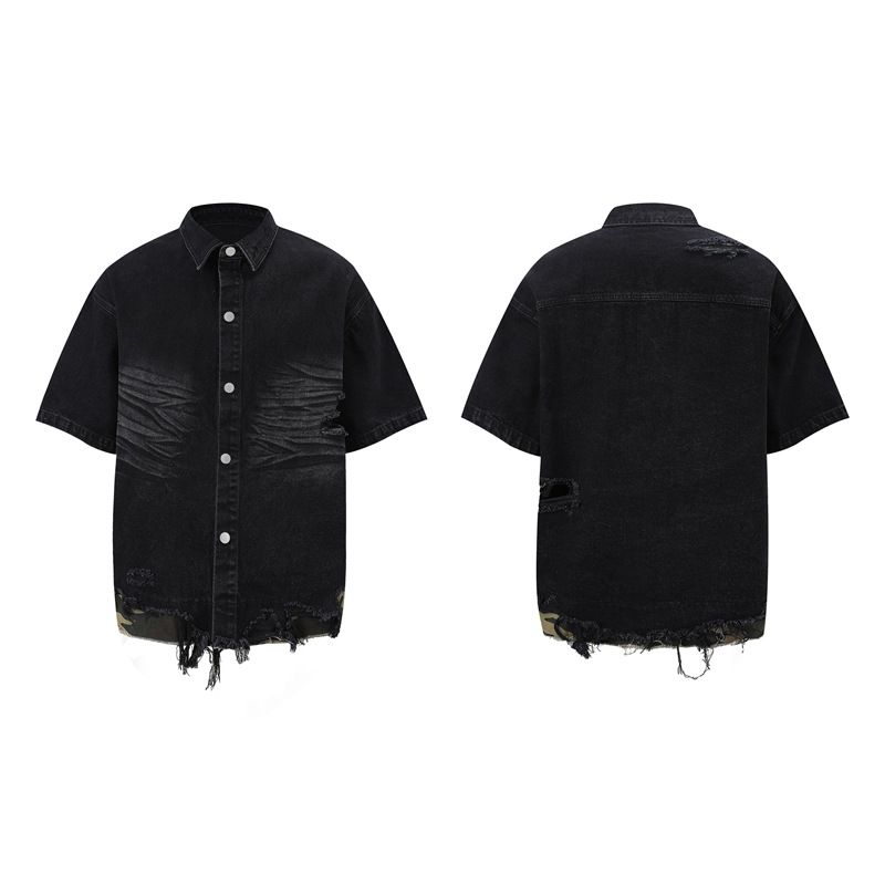 メンズダメージ加工デニム半袖シャツショーツセット 2ピース  - Vintage Zipper のレビューと価格