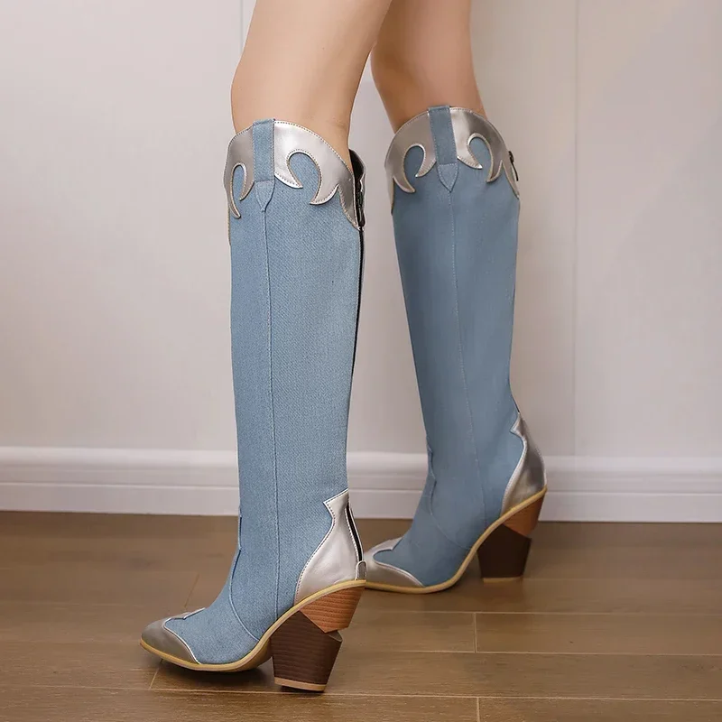 女性用膝丈カウボーイブーツ,先のとがったつま先,ロング,ウェ - Vintage Zipper のレビューと価格